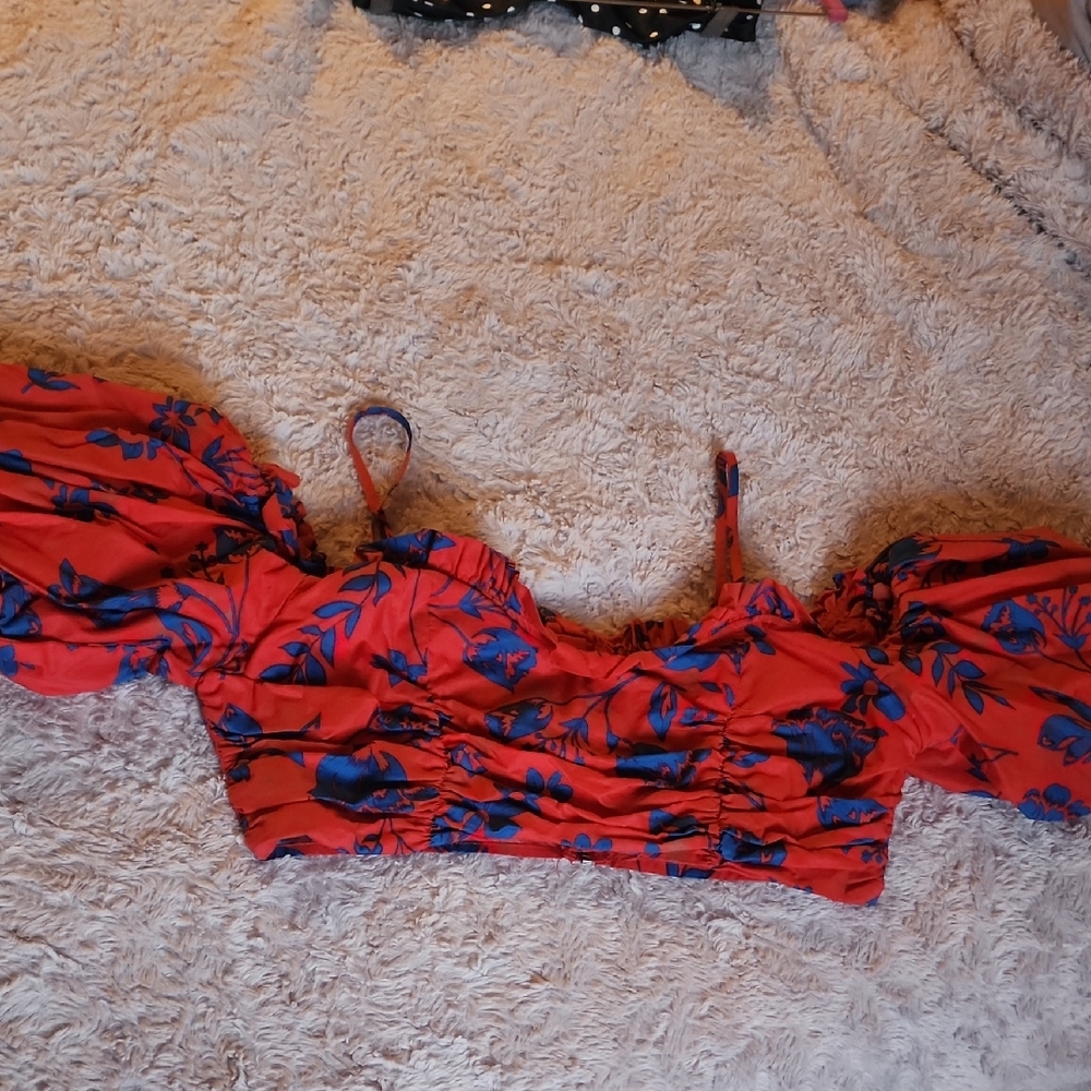 Red and Blue Floral Puff Sleeve Top